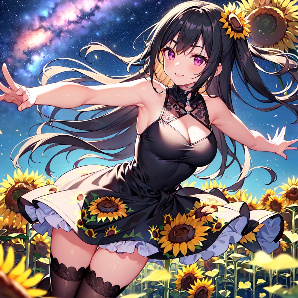 MASTERPIECE, best quality, high quality, extremely detailed, very delicate and beautiful, (female 18 years old, alone solo: 1.2), (long black hair, two-side up to waist: 1.4), fringes to eyebrows, eyes ocular. sharp strong glossy twinkle eyes, glossy eyebrows, (eye colour magenta:1.2), 6.5 head height, (sunflower print dress:1.3), sunflower hairpiece, knee socks, lace, frills, (smiling), (running), (dynamic pose), (background sunflower field:1.3), (Milky Way Night Sky: 1.3)