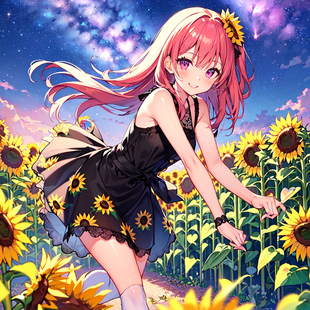 Close-up shot, an Anime wearing a white glass , standing on the land,night view ,Many stars on the night sky,The Milky Way ,colorful flowers,headshot close-up, oil painting style, very obvious oil painting strokes, impressionist palette style, 32k uhd, beautiful, booru, Old time, color cartoon --ar 3:4 --