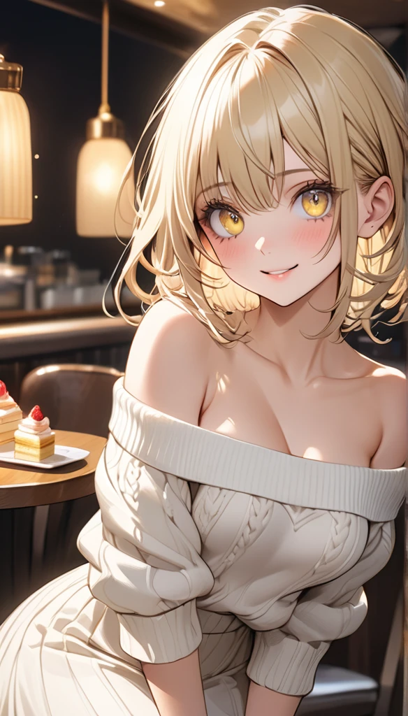masterpiece, absurdres, best quality, ultra detailed, high Resolution, detailed illustration, extremely beautiful detailed face and eyes, bright colour, 1girl, cute face, Delicate beautiful face, yellow eyes, cute eyes, sparkling eyes, big eyes, medium breasts, (perky breasts:1.1), (pointy breasts:1.1), medium hips, glamorous body, white skin, smile, BREAK, long bob cut, (blonde hair:0.8), messy hair, detailed hair, shiny hair, BREAK off shoulder sweater, long skirt, tiny ribbon, restaurant, shortcake, real world, natural lights, perfect lighting,