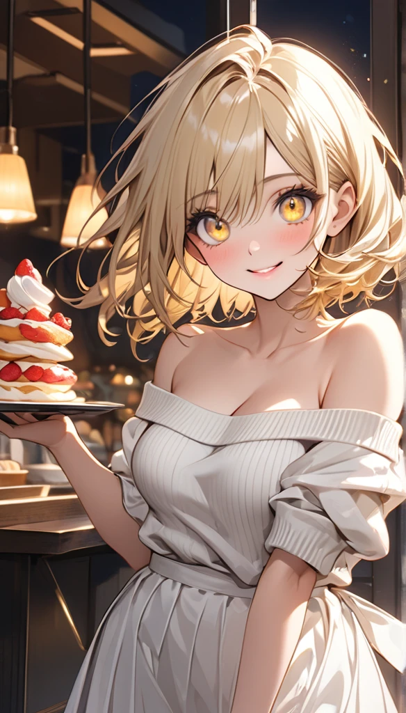 masterpiece, absurdres, best quality, ultra detailed, high Resolution, detailed illustration, extremely beautiful detailed face and eyes, bright colour, 1girl, cute face, Delicate beautiful face, yellow eyes, cute eyes, sparkling eyes, big eyes, medium breasts, (perky breasts:1.1), (pointy breasts:1.1), medium hips, glamorous body, white skin, smile, BREAK, long bob cut, (blonde hair:0.8), messy hair, detailed hair, shiny hair, BREAK off shoulder sweater, long skirt, tiny ribbon, restaurant, shortcake, real world, natural lights, perfect lighting,