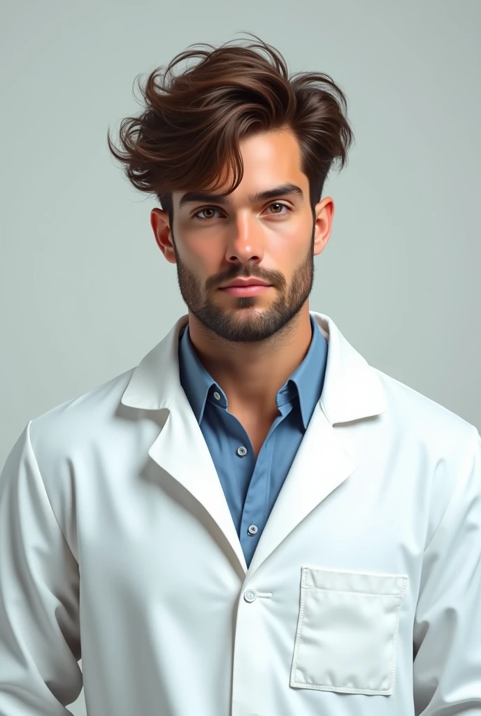 Draw a young white man with no beard and messy brown hair wearing a biomedical lab coat.