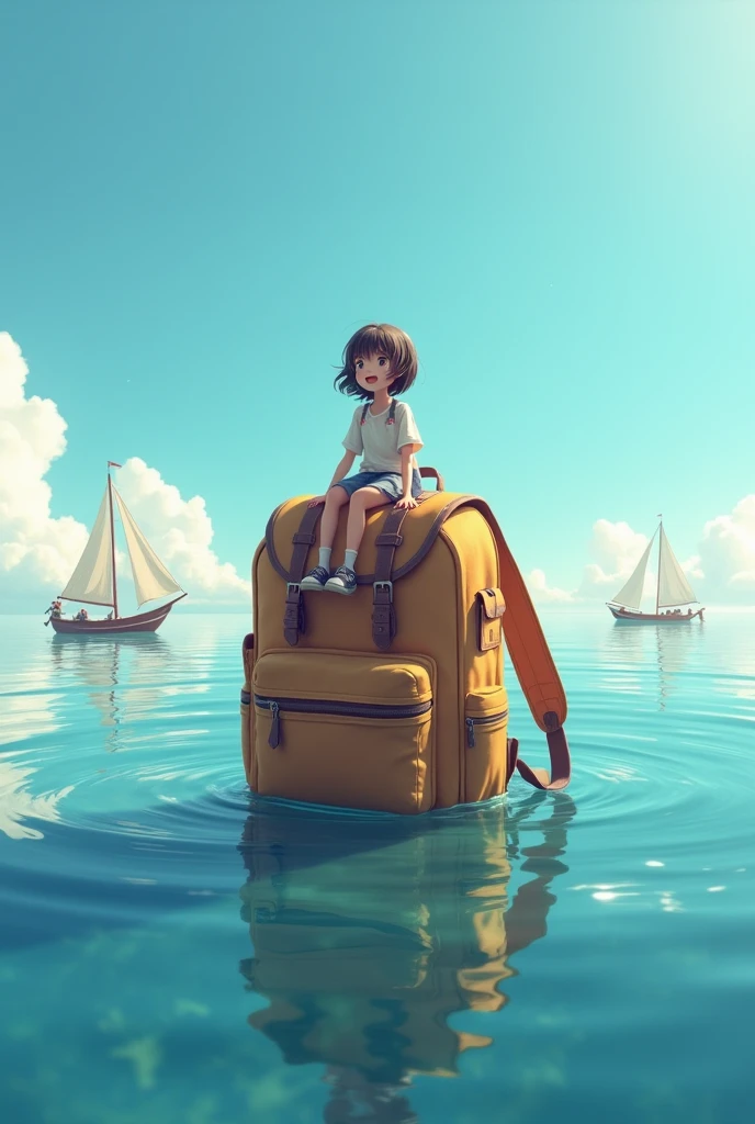 A backpack floating on the sea with a free student on top with m[the boats in the background