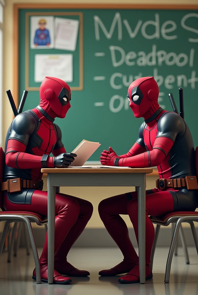 Deadpool and Spiderman studying in a school for underwear.