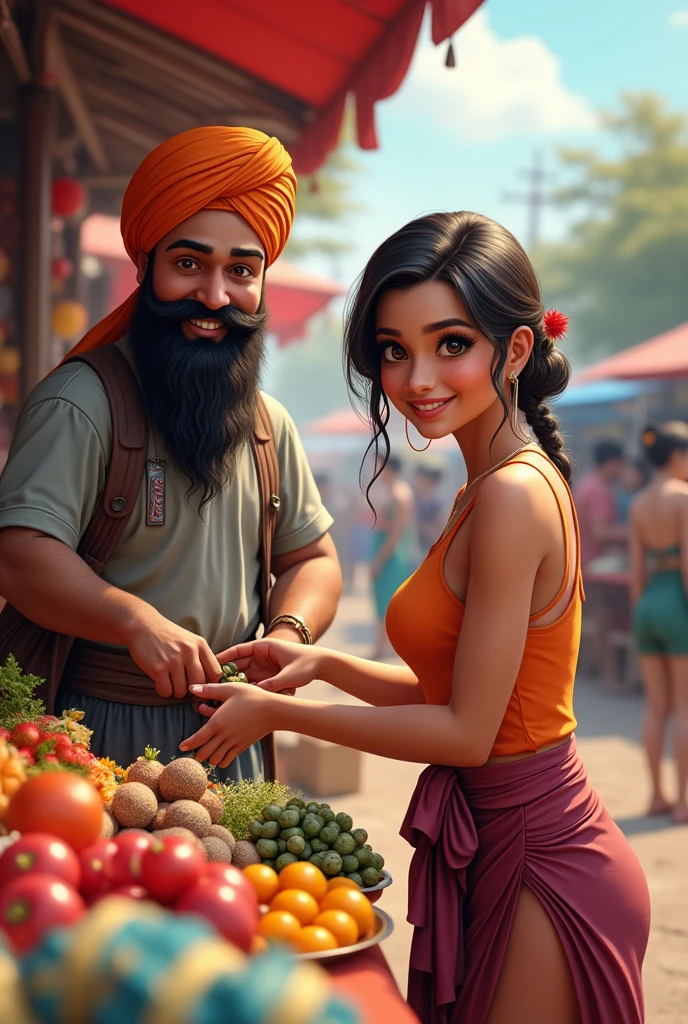 A Sikh man and a Thai woman with a foreign appearance are setting up a booth to sell things. They are happy and taking photos, looking into the booth from a distance of two meters.