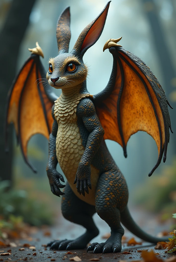 rabbit ears, lizard body, bat wings , eagle feet, cat's tail