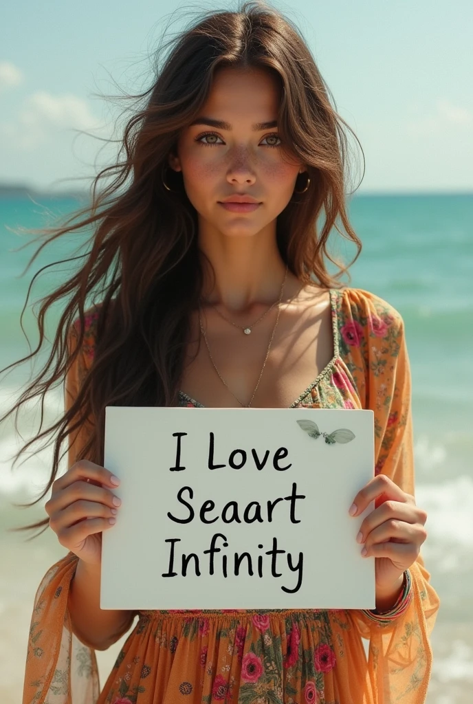 Beautiful girl with wavy long hair, bohemian dress, holding a white board with text "I Love Seaart Infinity" and showing it to the viewer