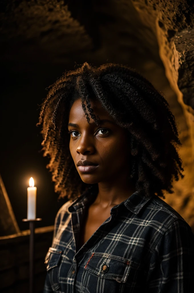 Photograph of a black woman, (disturbed facial expression), texturized skin, shiver, afro hair, plaid flannel shirt with distressed boyfriend jeans, cowboy shot, dark and mysterious cave with unique rock formations and hidden wonders, perfects eyes, (candle light,Bright dark), Support 160 colors, Shot on ARRI ALEXA 65, bokeh, sharp focus on the subject, filmed by Don McCullin