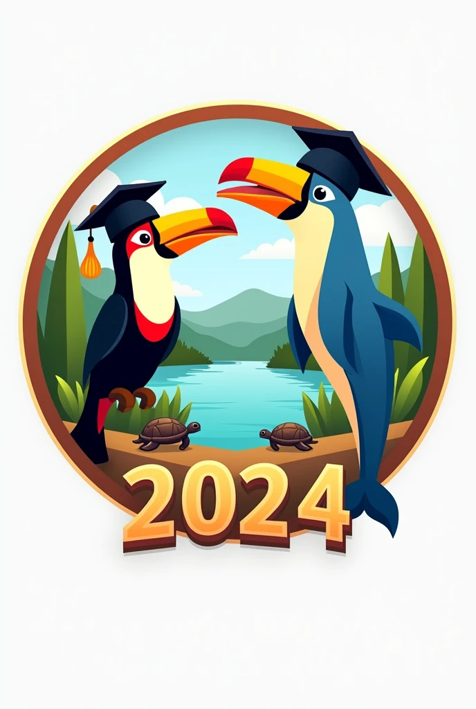 Make me a logo, a circle-like logo that has a promotion at the top and at the bottom it says 2024 and that between promotion and 24 there is a toucan with a mortarboard and a dolphin with a mortarboard and at the bottom of 2024 there are two little turtles and inside the background of the toucan and the dolphin there is a river and next to it there is a dirt road with some little trees.