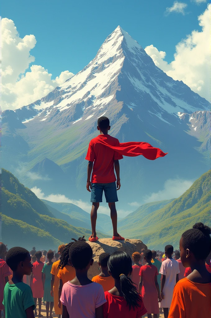 An African boy standing on top of the mountain wearing a red shirt behind named Adolf heroin number 16 when down is a crowd of girls wearing different colors