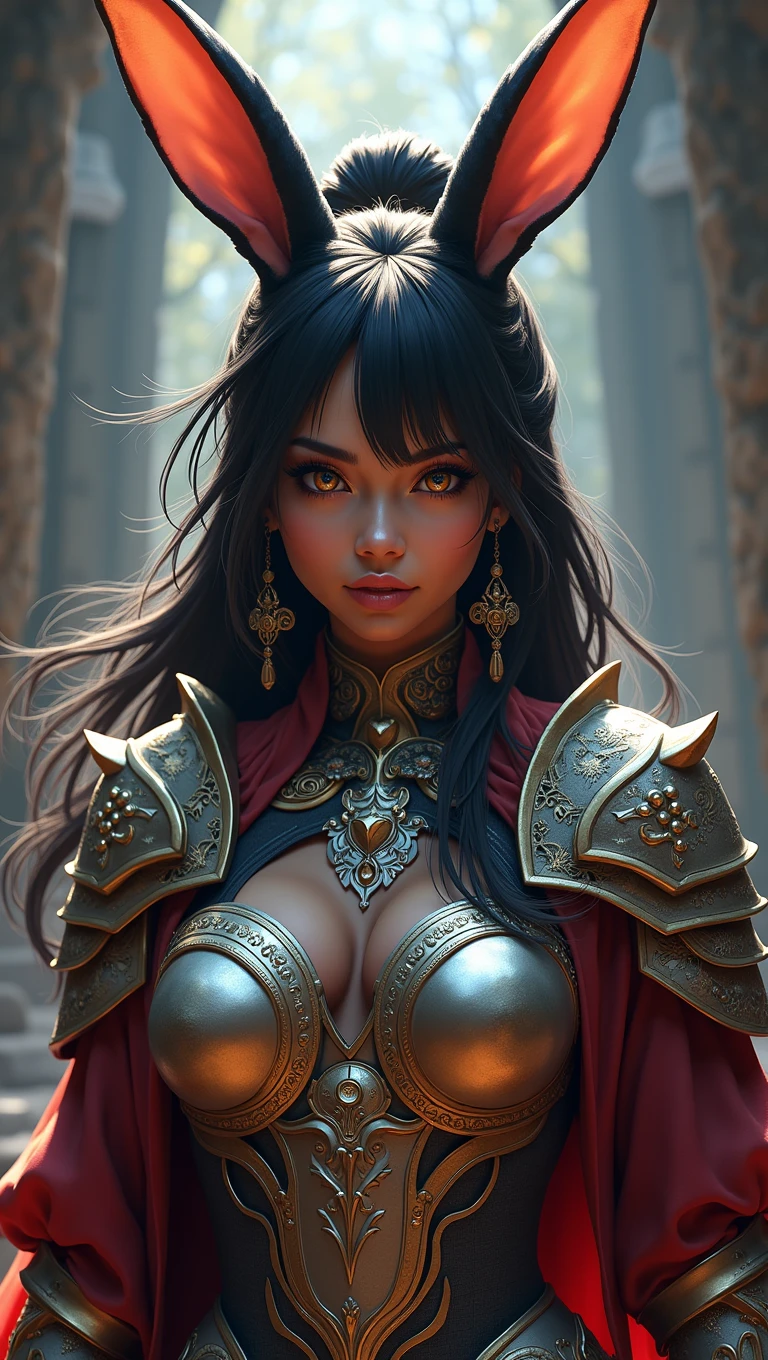 drawing of a full body tanned 29 years old bunnygirl woman, armor, kemonomimi mode, usagimimi, Dark Skin, detailed face, beautiful eyes, beautiful lips, long eyelashes, detailed clothing, intricate armor design, fantasy style, vibrant colors, dramatic lighting, photorealistic, 8k, high quality, masterpiece