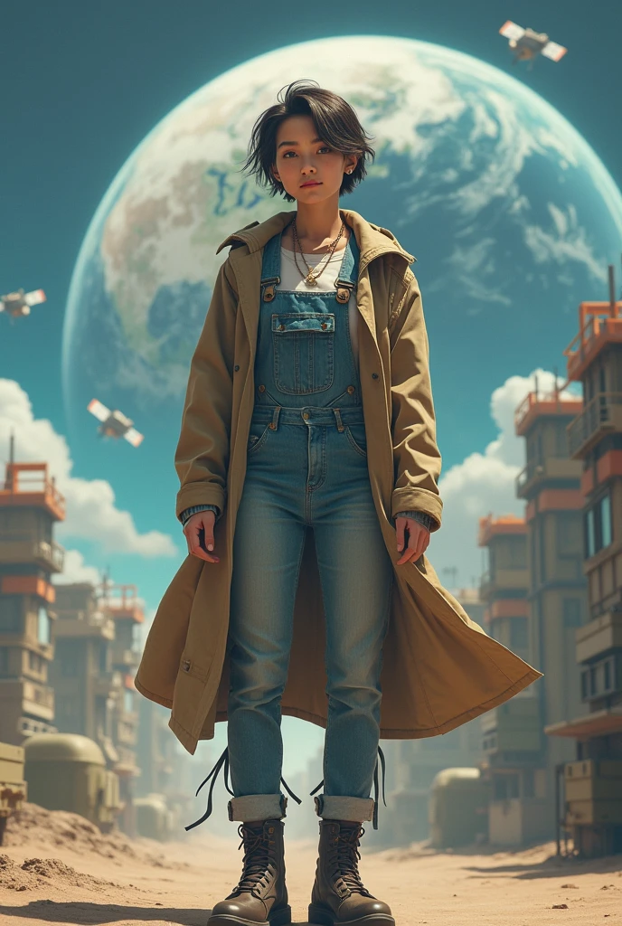 ((Best Quality)), ((masterpiece)), (detailed), (original), (realist), Short hair girl, backwards, whole body, jeans pants with straps, jumpsuit, long coat over dress, Boots, survivor, over the moon, military base, earth planet background, background satellites,