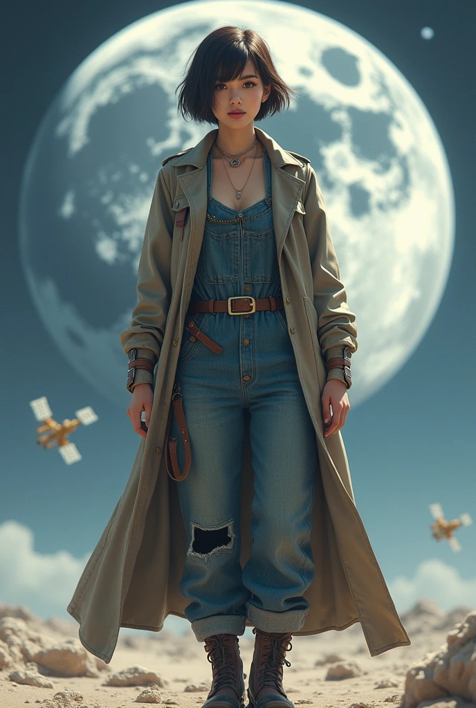 ((Best Quality)), ((masterpiece)), (detailed), (original), (realist), Short hair girl, backwards, whole body, jeans pants with straps, jumpsuit, long coat over dress, Boots, survivor, over the moon, military base, earth planet background, background satellites,