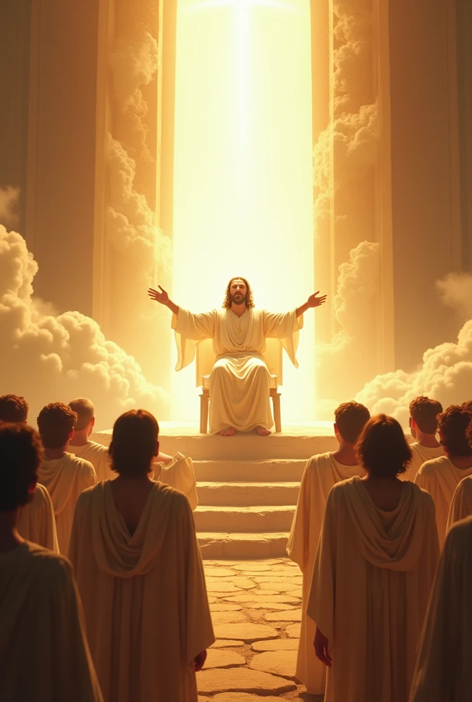 angels with the appearance of men near a bright throne, the throne of God, with Jesus sitting with open arms 