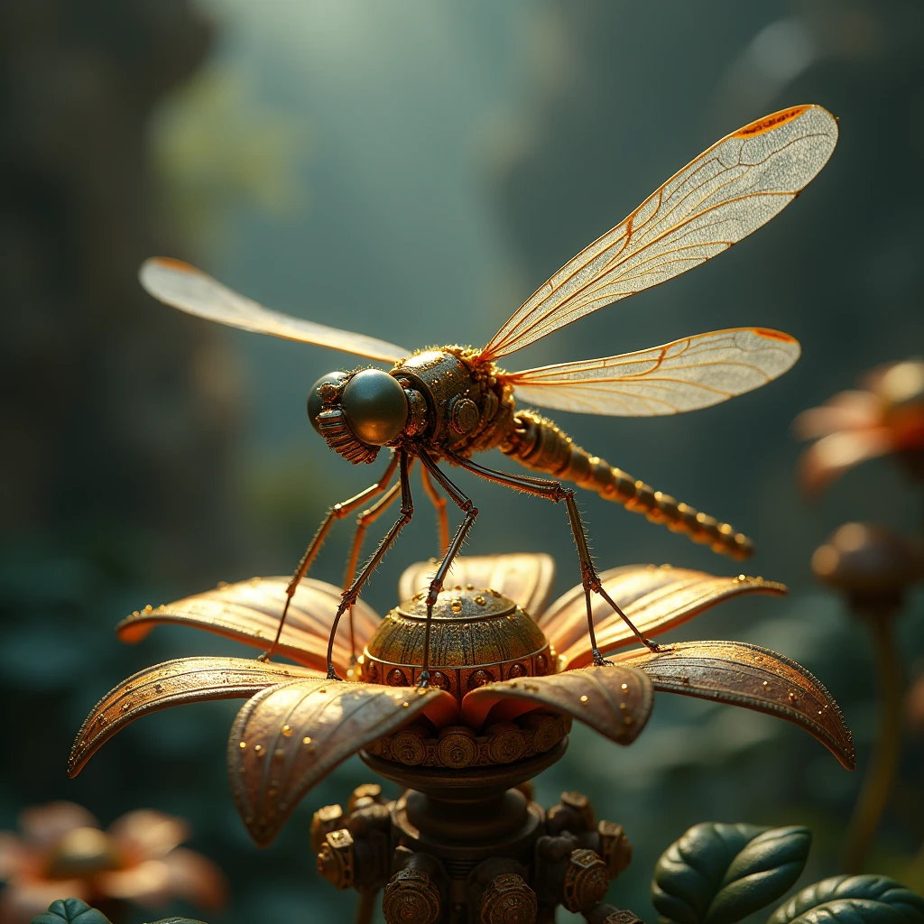 magic mechanical elegant dragonfly, ancient mechanism, fantasy art, ancient civilization, sitting on the bronze mechanical flower