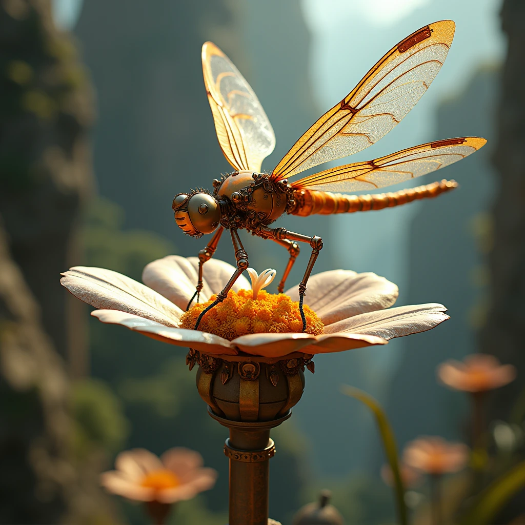 magic mechanical elegant dragonfly, ancient mechanism, fantasy art, ancient civilization, sitting on the bronze mechanical flower