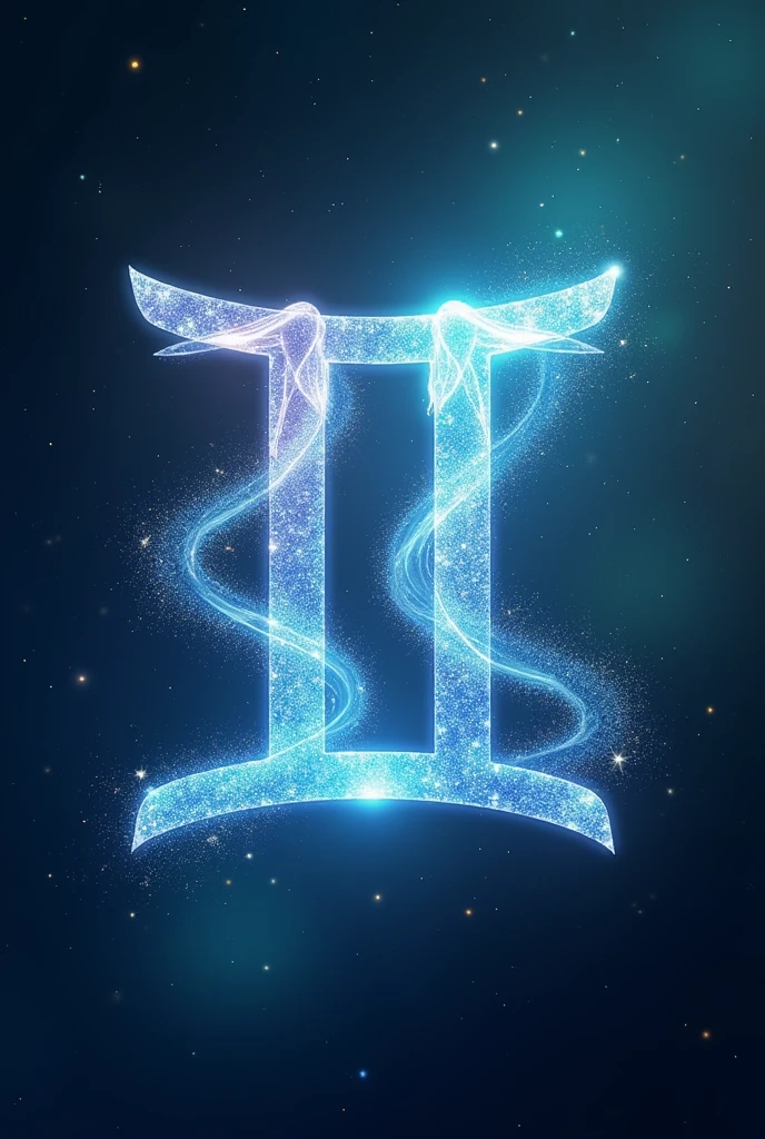 1. **Gemini Symbol**: The Gemini symbol is represented by two parallel vertical lines, symbolizing the twins. In a galactic style, draw the symbol with a glow effect and color variation, perhaps with lines that seem to intertwine or reflect moving starlight, to represent duality and versatility. 2. **Colors and Style**: Use a color palette that includes shades of light blue, Plata, and touches of green and lilac. The background can be a dynamic space, with bright stars and nebulae in various colors, creating a sense of continuous energy and movement. 3. **Additional Elements**: Incorporate elements that represent Gemini's curiosity and duality. Include two ethereal figures, representing the twins, made of starlight, floating or interacting in space. Add details like interlocking constellations or cosmic patterns that symbolize the exchange of ideas and communication. 4. **Texture and Effects**: Use cosmic energy textures and light effects to create a sense of constant movement and exchange. Add subtle glows and starburst effects around the symbols and figures to reflect Gemini's multifaceted and vibrant nature.