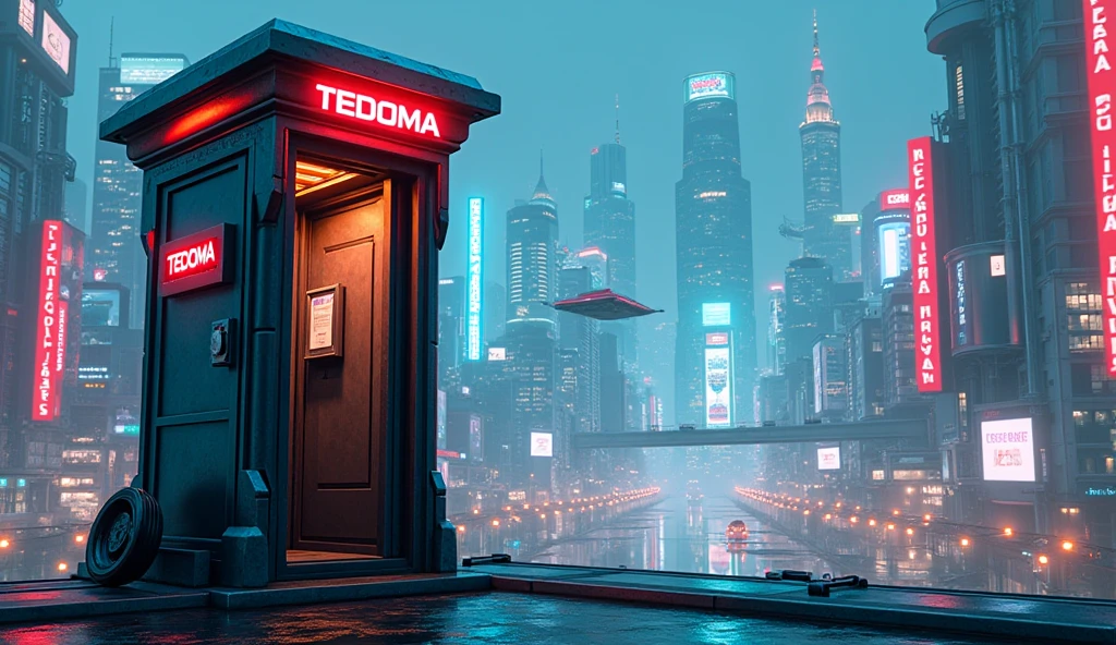 image generated of a phone booth with a futuristic city in the background, Promotional Art BBC, by Wayne England, futuristic telephone booth, positioned on the right side, Written on top of the booth TEDOMA, cyberpunk, 3840x2160, 3840 x 2160, por Derek Hill, Dr. Quem, por Jason Benjamin