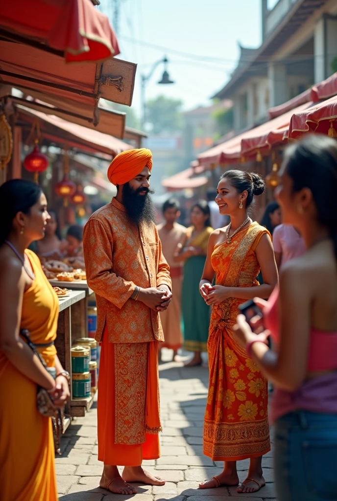 Sikh men wearing Thai traditional costumes, Thai women with Indian faces wearing Thai traditional costumes and skirts, selling things at booths, happily taking photos looking into the booths from two meters away.
