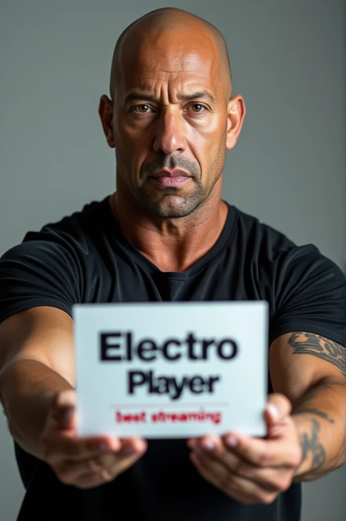 Vin Diesel holding a sign that says 'Electro Player best streaming'