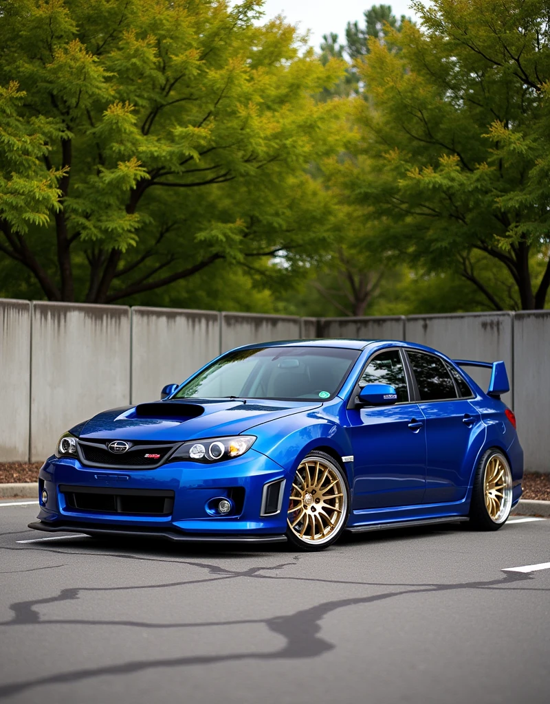 A breathtaking, high-resolution photograph of a sleek, modified blue Subaru WRX STI, the latest model, proudly positioned at the center of the frame, against a picturesque backdrop of lush, vibrant green trees with varying leaf densities and a neatly paved parking lot with subtle texture and cracks. The vehicle's imposing presence is accentuated by its large, angular front splitter, aggressive wide body kit, and lowered suspension, which collectively convey a sense of power and dynamism. The car's wheels, featuring deep-dish rims with machined accents and low-profile, high-performance tires, appear to hug the road, emphasizing its performance-oriented design. With its cambered stance and widebody kit, the Subaru sits low to the ground, exuding an aura of sophistication and speed. The front bumper's prominent hood scoop and the rear's large, curved spoiler further enhance the car's aggressive silhouette. The glossy, cobalt blue paintwork glistens in the sunlight, while the tinted windows add a touch of mystery. The surrounding trees' foliage is rich in texture and detail, and the concrete wall in the background provides a striking contrast to the overall scene.