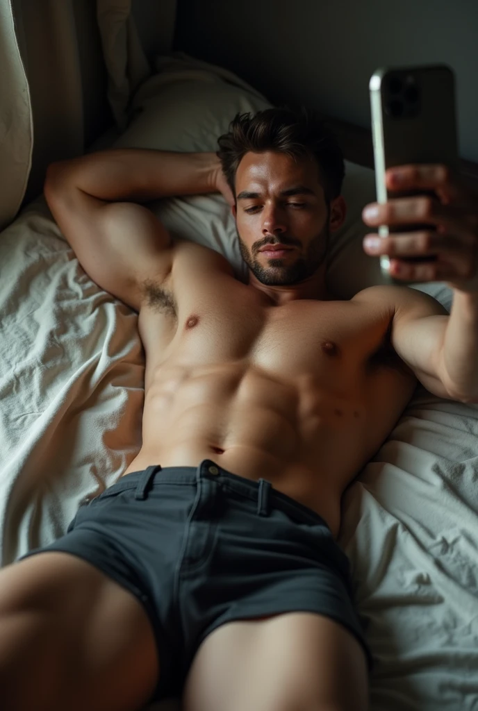 Naked lower waist body of muscular man lying on bed selfie from phone screen