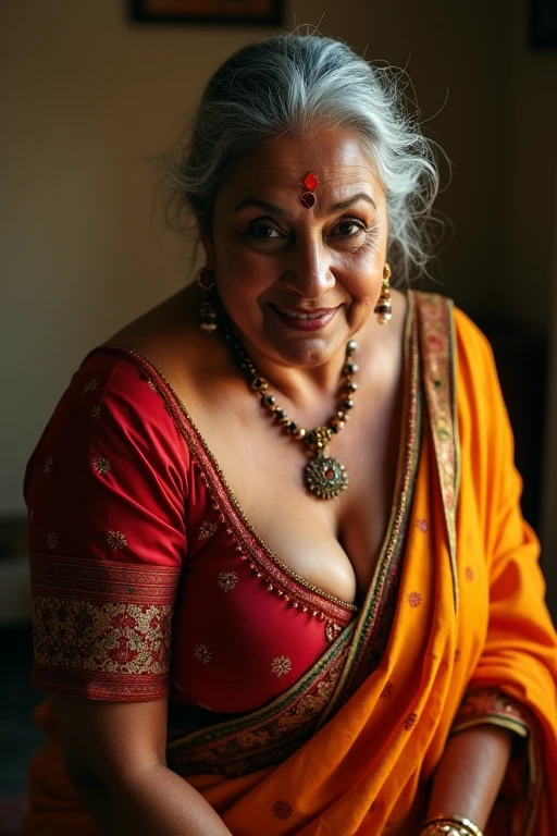 Indian aunty showing cleavage by bending down in sarre, oversized blouse, erotic, seducing, saree, blouse, sexy facial expressions , indian traditional outfits, boobs valley, closeup photography, prime lens cinematic, professional