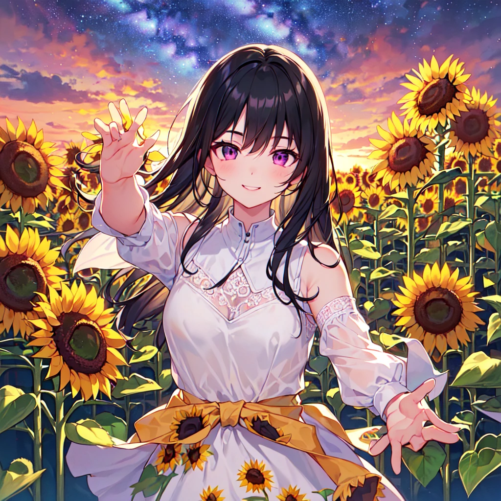 MASTERPIECE, best quality, high quality, extremely detailed, very delicate and beautiful, (female 18 years old, alone solo: 1.2), (long black hair, two-side up to waist: 1.4), fringes to eyebrows, eyes ocular. sharp strong glossy twinkle eyes, glossy eyebrows, (eye colour magenta:1.2), 6.5 head height, (sunflower print dress:1.3), sunflower hairpiece, knee socks, lace, frills, (smiling), (running), (dynamic pose), (background sunflower field:1.3), (Milky Way Night Sky: 1.3), (upper body:1.3)