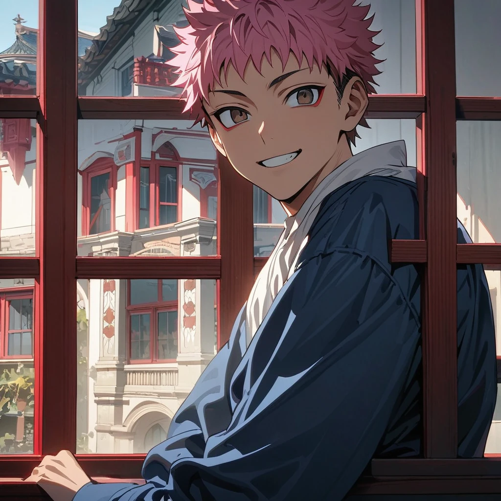 Super detailed, High resolution, Absurd, High resolution, itadori yuji, Pink Hair, Brown eyes, Blue jacket, White T-shirt, JUJUTSU KAİSEN, smile, good looking, Mansion, Only 1 person, window, Red Curtain,