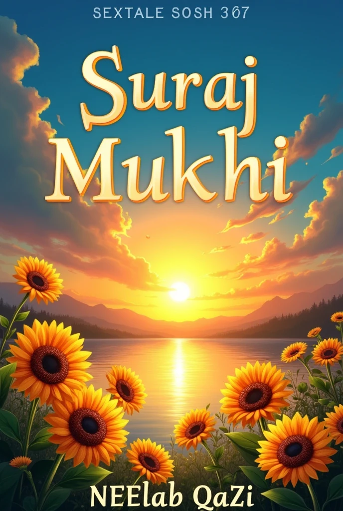 Make a book cover for me with a blue background with a sunset on water and a little sunflowers on a side ground and give title to the book "Suraj Mukhi" write the author name as Neelab Qazi