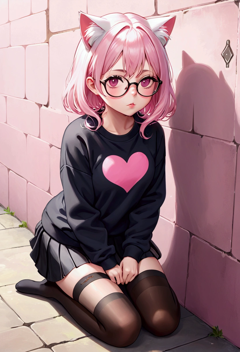 I have white pink hair, cat ears, A good, My face is super flushed, black glasses, pink heart eyes, a big pink sweatshirt, a black skirt, black stockings, White shoes, A cat'cola, A woman. very shy that is stuck to a wall with her butt