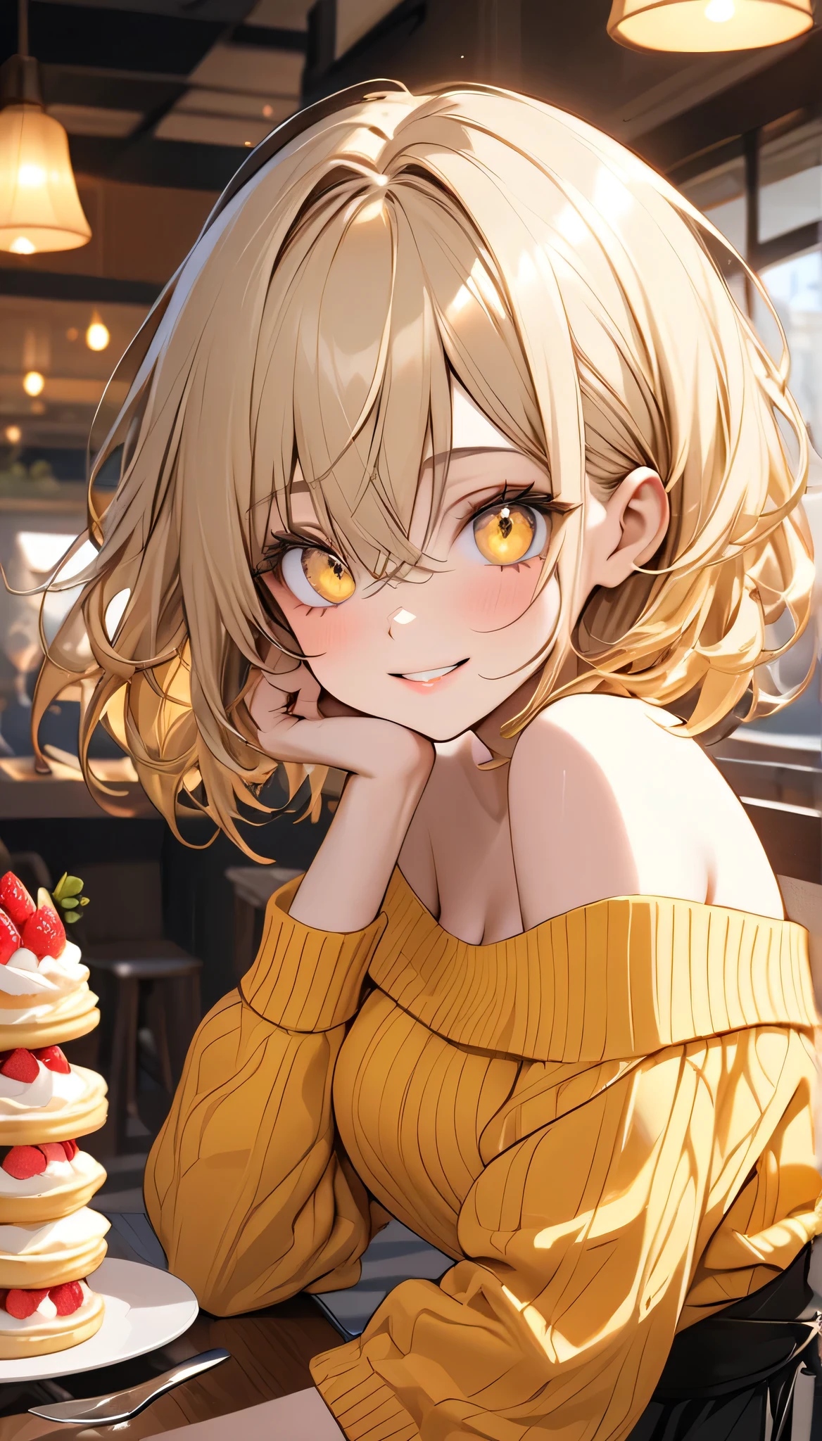 masterpiece, absurdres, best quality, ultra detailed, high Resolution, detailed illustration, extremely beautiful detailed face and eyes, bright colour, 1girl, cute face, Delicate beautiful face, yellow eyes, cute eyes, sparkling eyes, big eyes, medium breasts, (perky breasts:1.1), (pointy breasts:1.1), medium hips, glamorous body, white skin, smile, BREAK, long bob cut, (blonde hair:0.8), messy hair, detailed hair, shiny hair, BREAK off shoulder sweater, long skirt, tiny ribbon, restaurant, shortcake, real world, natural lights, perfect lighting,