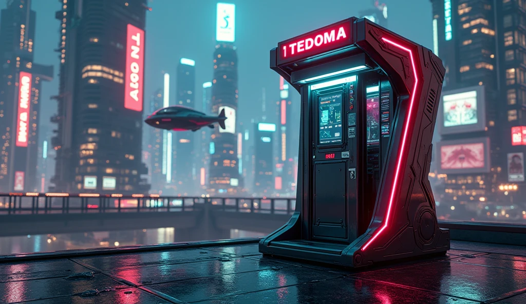image generated of a phone booth with a futuristic city in the background, Promotional Art BBC, by Wayne England, futuristic telephone booth, positioned on the right side, Written on top of the booth TEDOMA, cyberpunk, 3840x2160, 3840 x 2160, por Derek Hill, Dr. Quem, por Jason Benjamin