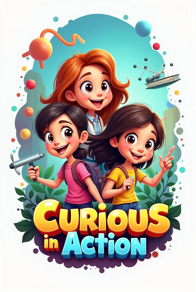 Create a cartoon logo with 2 girls and 1 boy for an informative TV program called "Curious in Action"