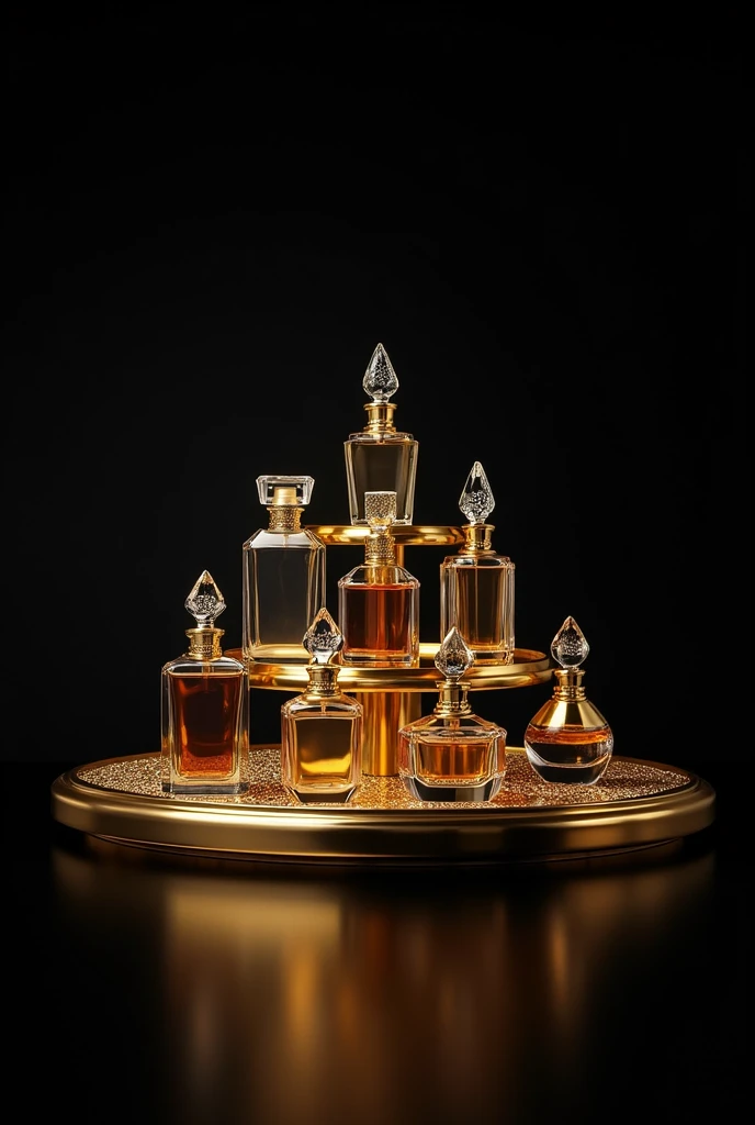 Please create a vertical presentation image, with a black background and gold details of perfumes on a tiered gold table
