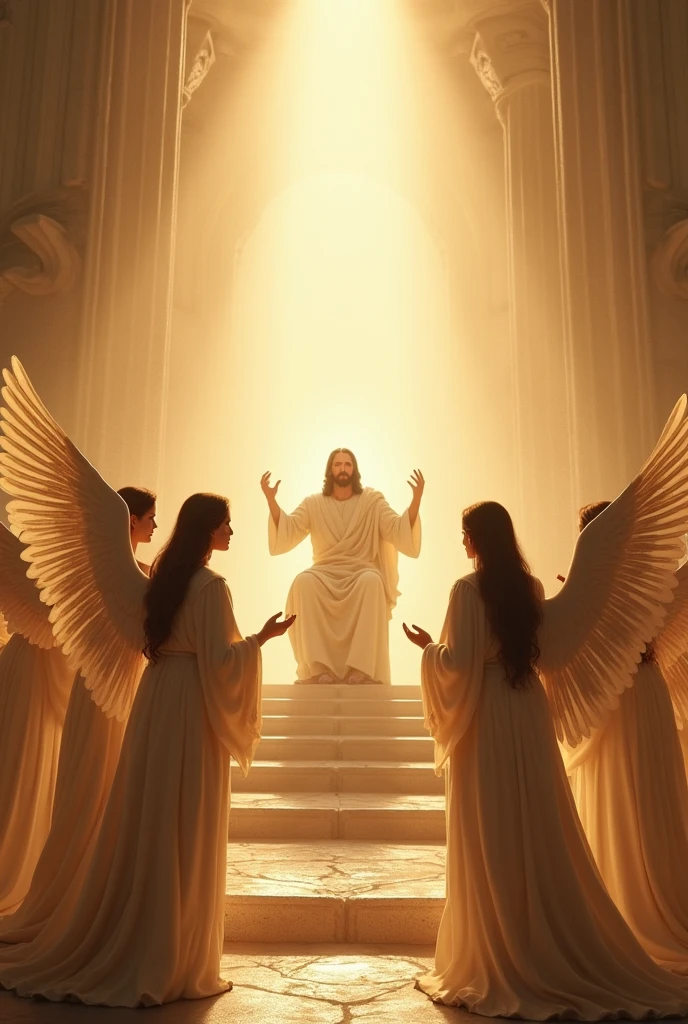 angels with wings
with a human appearance near a shining throne the throne of god with jesus seated with open arms