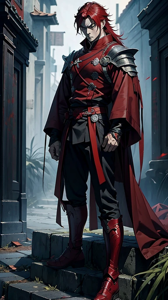 vampyre. Red hair, Red eyes (Characteristics of a strong man). fully body. stark. Cao Cao. standing. standing alone.Youngh. nobleman. 