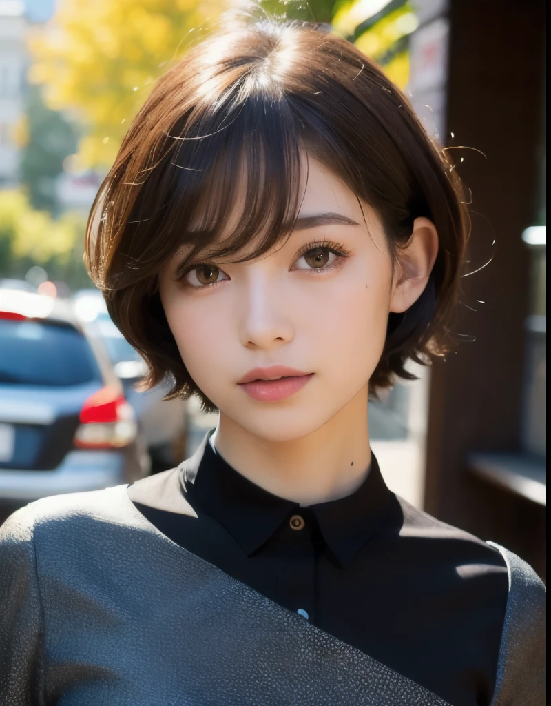 Best quality, Focus on the face, dim light, Very high accuracy, (Realistic:1.4), Raw image,
1 Russian girl and half Japanese, Very beautiful and childish features, big brown doe eyes with long eyelashes, straight eyebrows, 16 inch waist, cute, (The student, Lights in the eyes), Beautiful detailed face, (big breasted),Milky skin (High-definition details of human skin texture),
(Very short hair like a boy's color:Black and wavy),
internal,
Damascus shirt dress,
(painting)