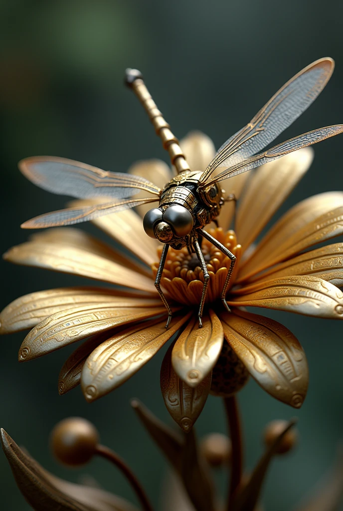 magic mechanical elegant dragonfly, ancient mechanism, fantasy art, ancient civilization, sitting on the bronze mechanical flower