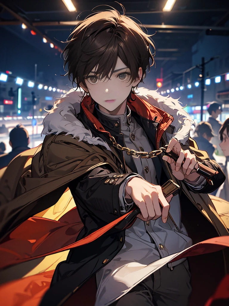 Brown hair, short hair, man, hooded coat, facing forward 