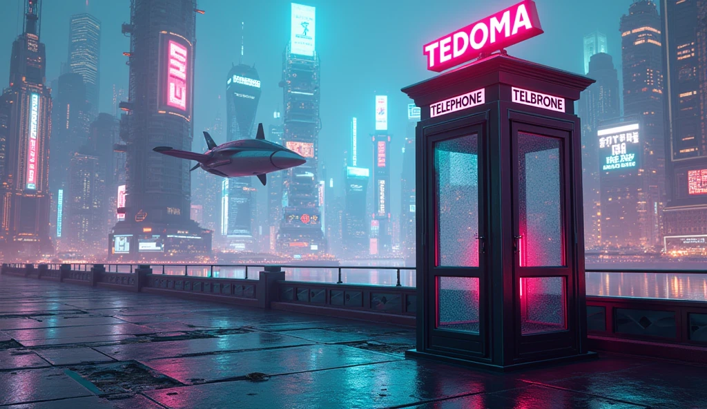 image generated of a phone booth with a futuristic city in the background, Promotional Art BBC, by Wayne England, futuristic telephone booth, positioned on the right side, Written on top of the booth TEDOMA, cyberpunk, 3840x2160, 3840 x 2160
