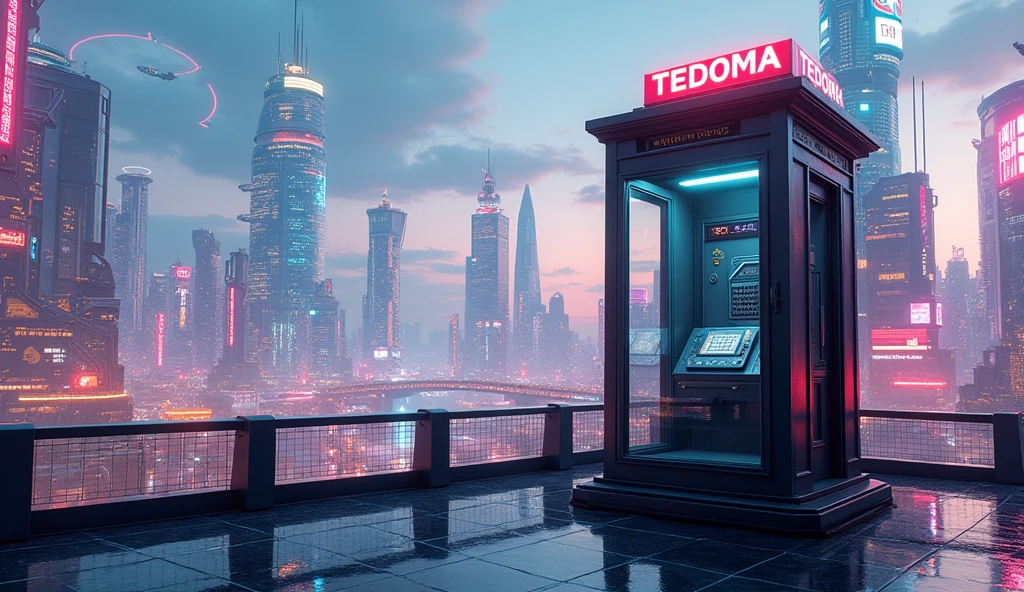 image generated of a phone booth with a futuristic city in the background, Promotional Art BBC, by Wayne England, futuristic telephone booth, positioned on the right side, Written on top of the booth TEDOMA, cyberpunk, 3840x2160, 3840 x 2160