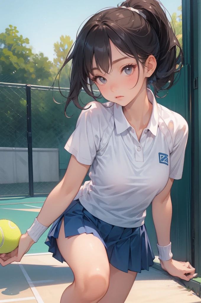 Product quality,1 girl,Cowboy Shot,Front view,Thigh Emphasis,(Knee-deep shots:1.3),Young and sexy Japanese girl,18-year-old,Tennis court,Wearing stylish blue tennis wear,Wearing a white super short micro pleated mini skirt,No underwear,((Small Head,face:0.4))Super cute face,Baby's face,Glossy Lips,Big eyes,Double eyelids on both eyes,(Natural Makeup),Brown eyes,Small and cute nose,shiny smooth light brown hair with long hair,,Asymmetrical bangs,Center image,8k resolution,Attention to detail,Detailed hairstyle,detailed face,Cinema Lighting,Octane Rendering,ultra-realistic,Perfect limbs,Voluptuous thighs,Huge breasts, Soft Skin,(Glowing Skin, Sweaty: 1.3), Spread your legs,Provocative dynamic pose,Skirt flip