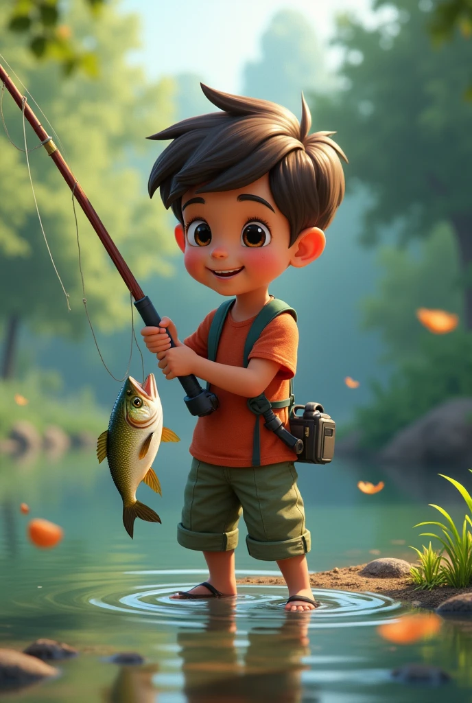 A 10-year-old fishing, his skin color is brown has short brown hair and likes to fish, make him catching a fish