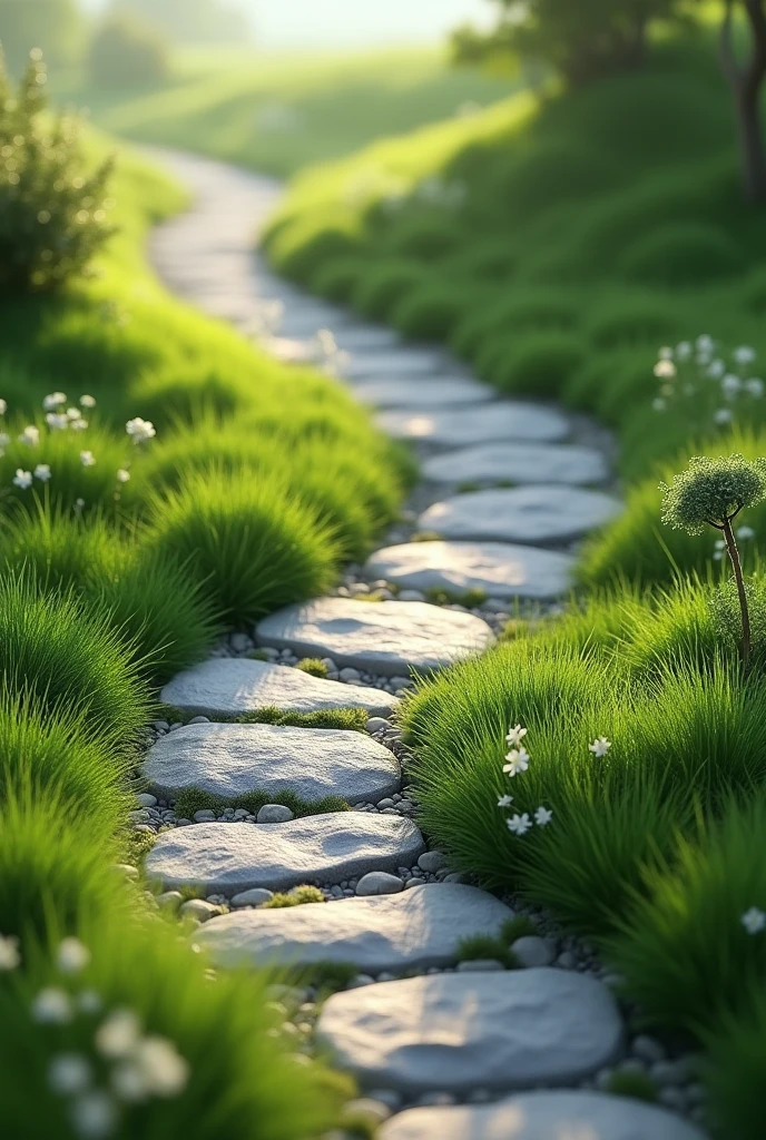 I need a picture of a small stone path, the path must be shaped like "and" and tiene que tener pasto al rededor