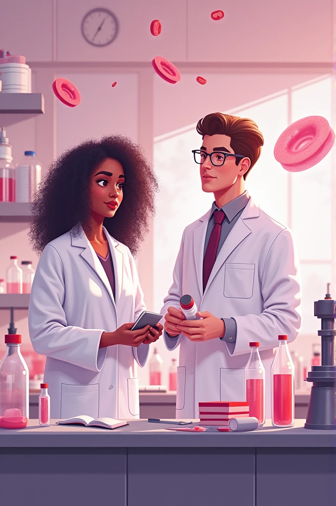a drawing of two scientists using things that scientists use, a scientist's lab coat and so on, but it has to have things related to thrombosis disease, whether it's blood clots, graphics, something like that, anything that is meta to thrombosis, I want the one with curly black hair, medium size, medium size, and the one with curly brown hair, very dark, normal cut and a little stronger too, I want the palette in shades of pink, not completely obvious pink, but I want a lighter background, I don't want something very vibrant, I want them to be in a laboratory, something that refers to science