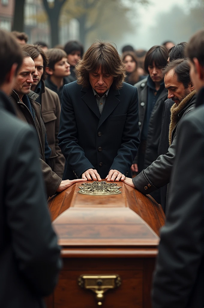 George Harrison with John Lennon's coffin, his Beatles fan