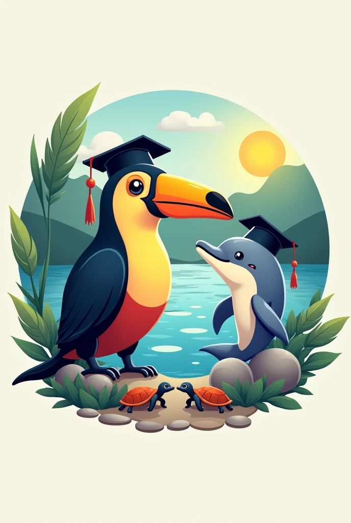 Make me a graduation logo, but instead of saying graduation, it says promotion and there is a toucan and a dolphin wearing a graduation cap. In the background, there is a river of stones and a path next to it. At the bottom, there are two little turtles.