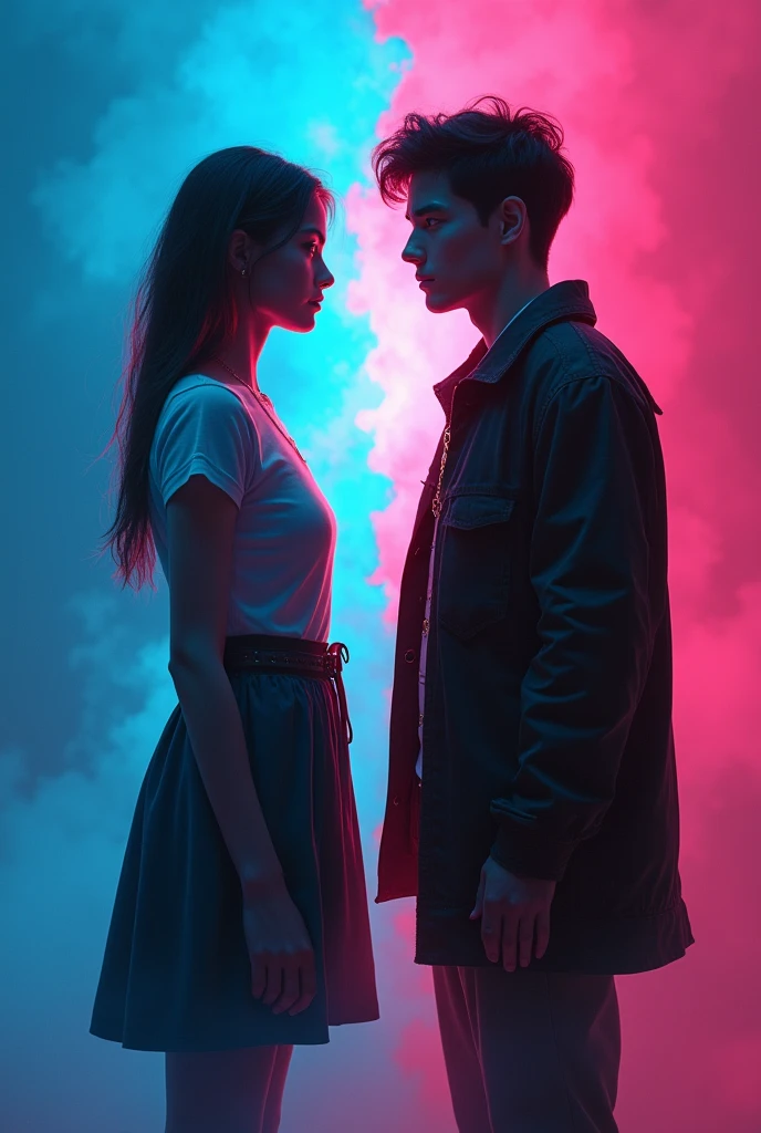 a teenage couple facing each other, she is an inventor, he has expensive clothes, solid blue and pink color background, enemies to lovers, love and chaos, silhouettes, detailed clothes, poor clothes and rich man clothes detailed, dramatic lighting, cinematic, vibrant colors, award-winning illustration, digital painting, 8k, drawn image, 2d, best quality, masterpiece