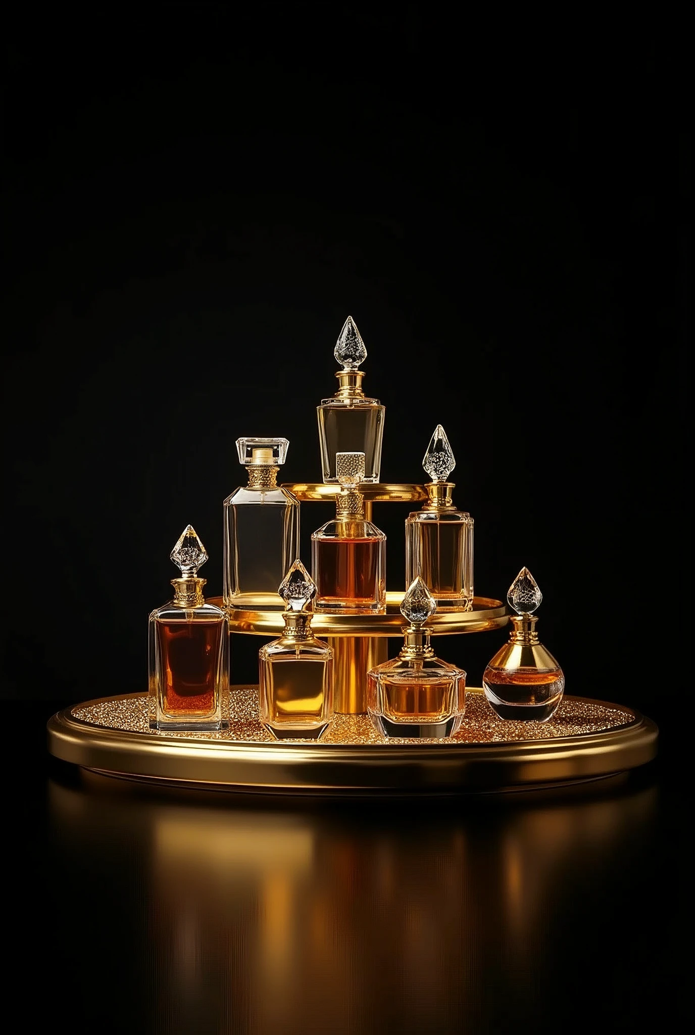 Please create a vertical presentation image, with a black background and gold details of perfumes on a tiered gold table