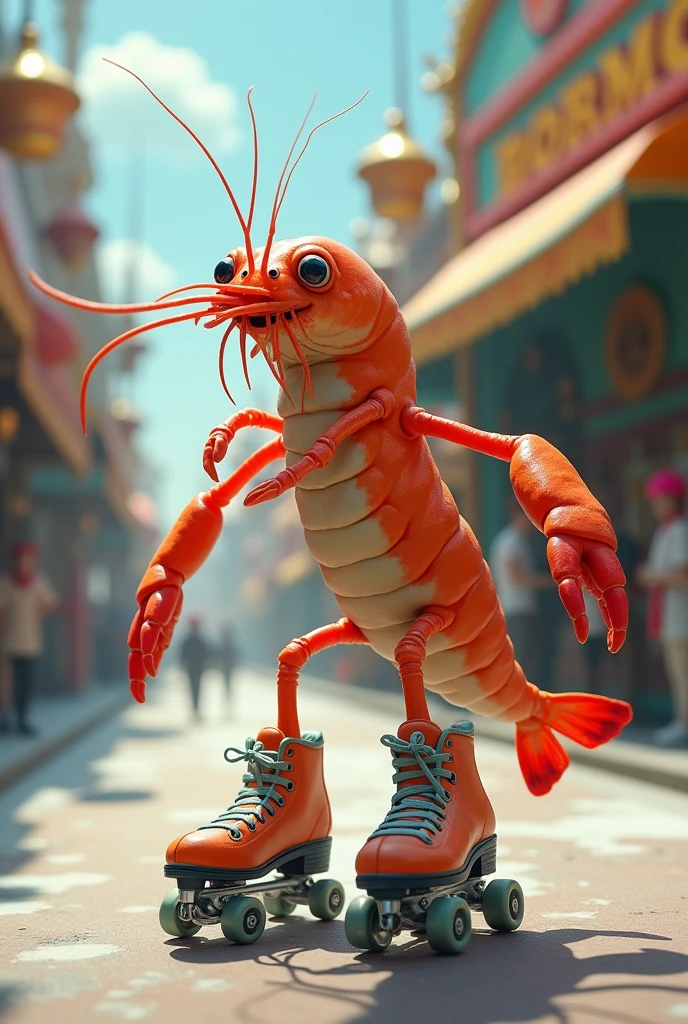 A shrimp skating on inline skates